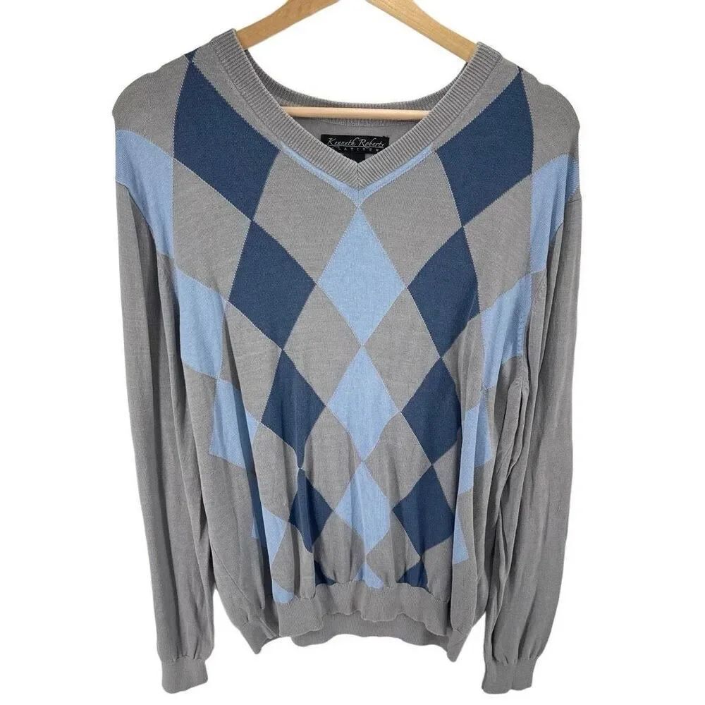 Kenneth Roberts Men’s Silk Blend Argyle V Neck Pullover Sweater Gray Blue Large
